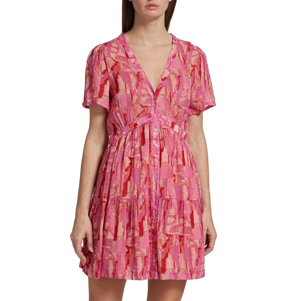 ba&sh Pink Abstract Print Tiered Mini Dress Size 1 Boho Chic Summer